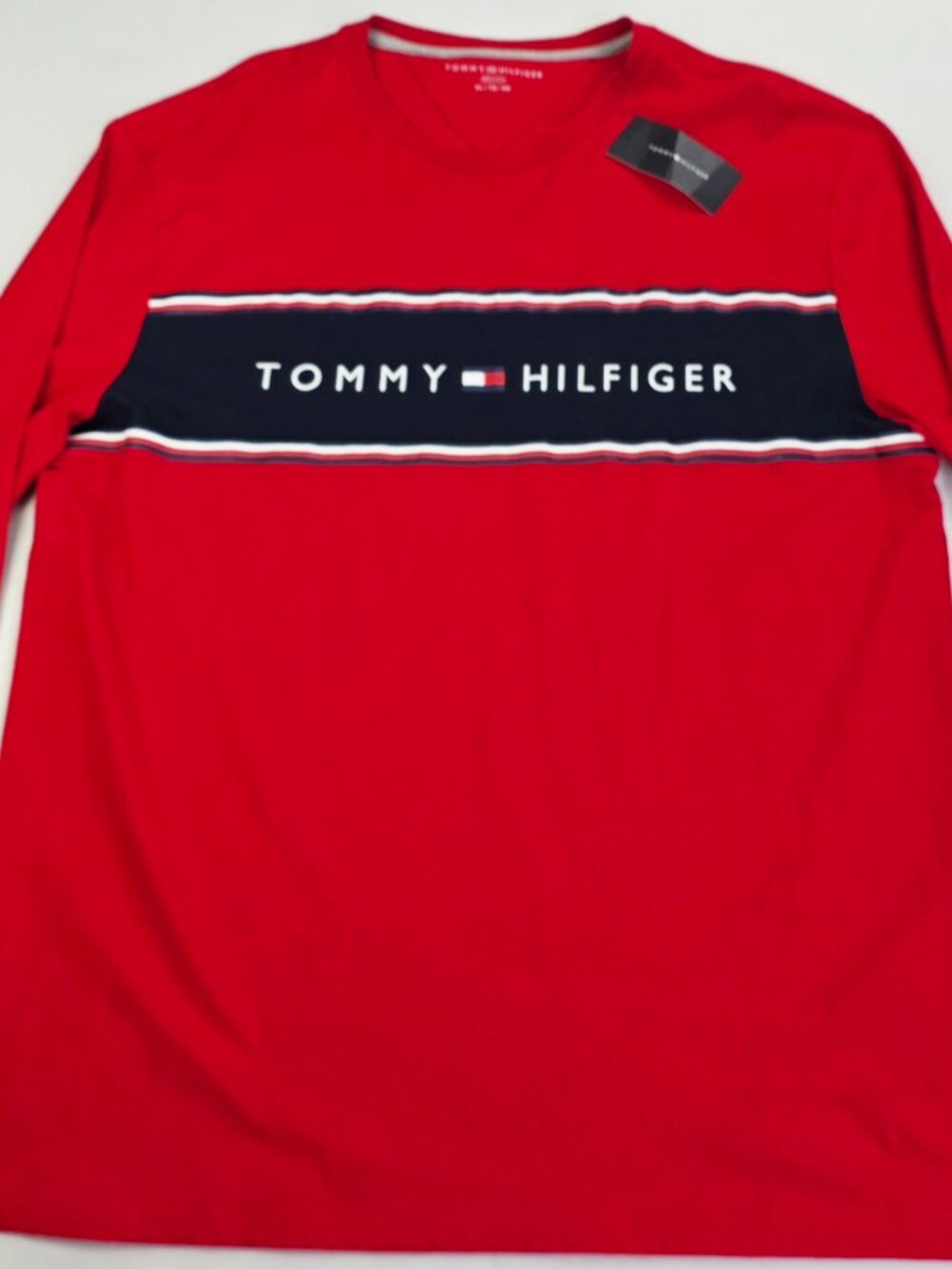 Tommy Hilfiger Long Sleeve Sz XL Men Chest Spellout Red Crew Neck Cotton Tee NWT